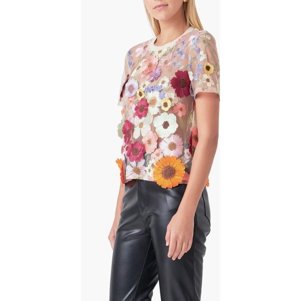 Endless Rose Floral EEndless Rose Floral Embroidered Sheer Mesh Tulle Top Blouse - Picture 6 of 8
